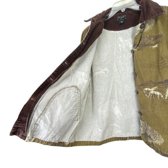 Bit & Bridle Womens L Chore Barn Jacket Brown Horse AOP Corduroy Trim Equestrian - Picture 9 of 16